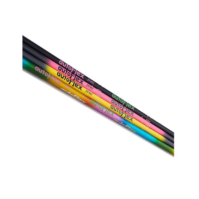 Four Autoflex golf shafts arranged diagonally, featuring a gradient design in black, pink, yellow, and blue-green colors.