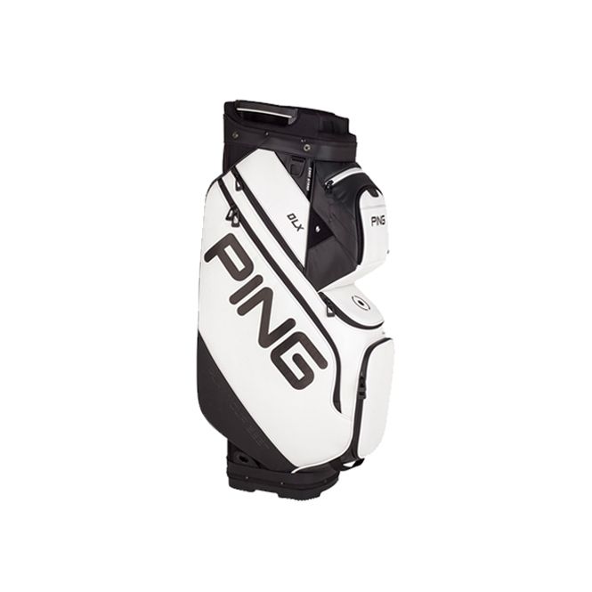 A white and black ping golf bag on a white background.