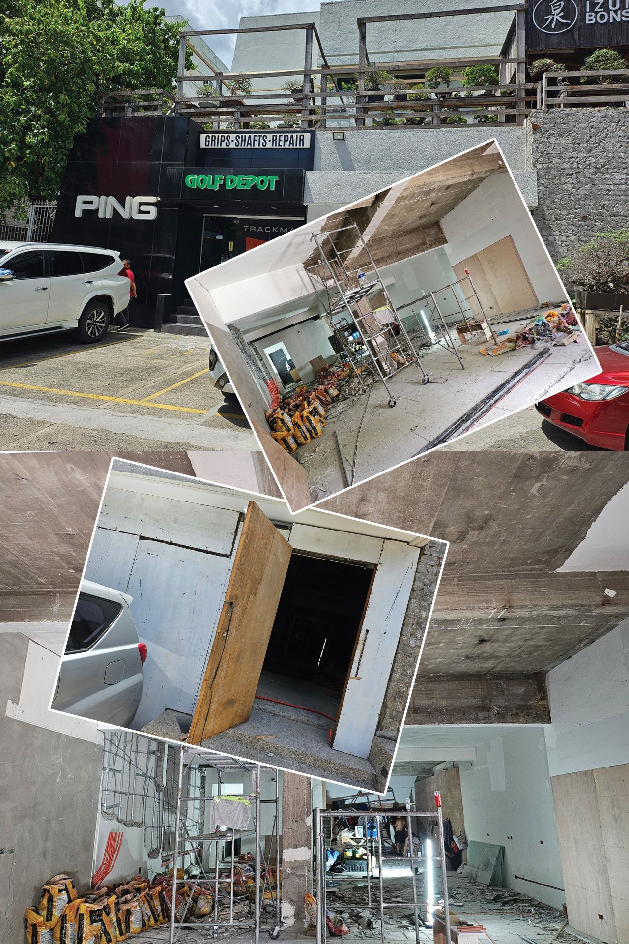 A collage of pictures of a golf depot store under construction.