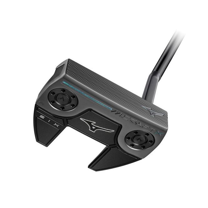 Mizuno golf putter, dark gray, with a distinctive face and rounded weights.