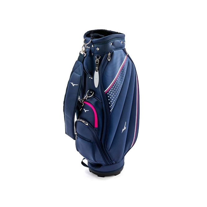 A blue and pink golf bag on a white background.