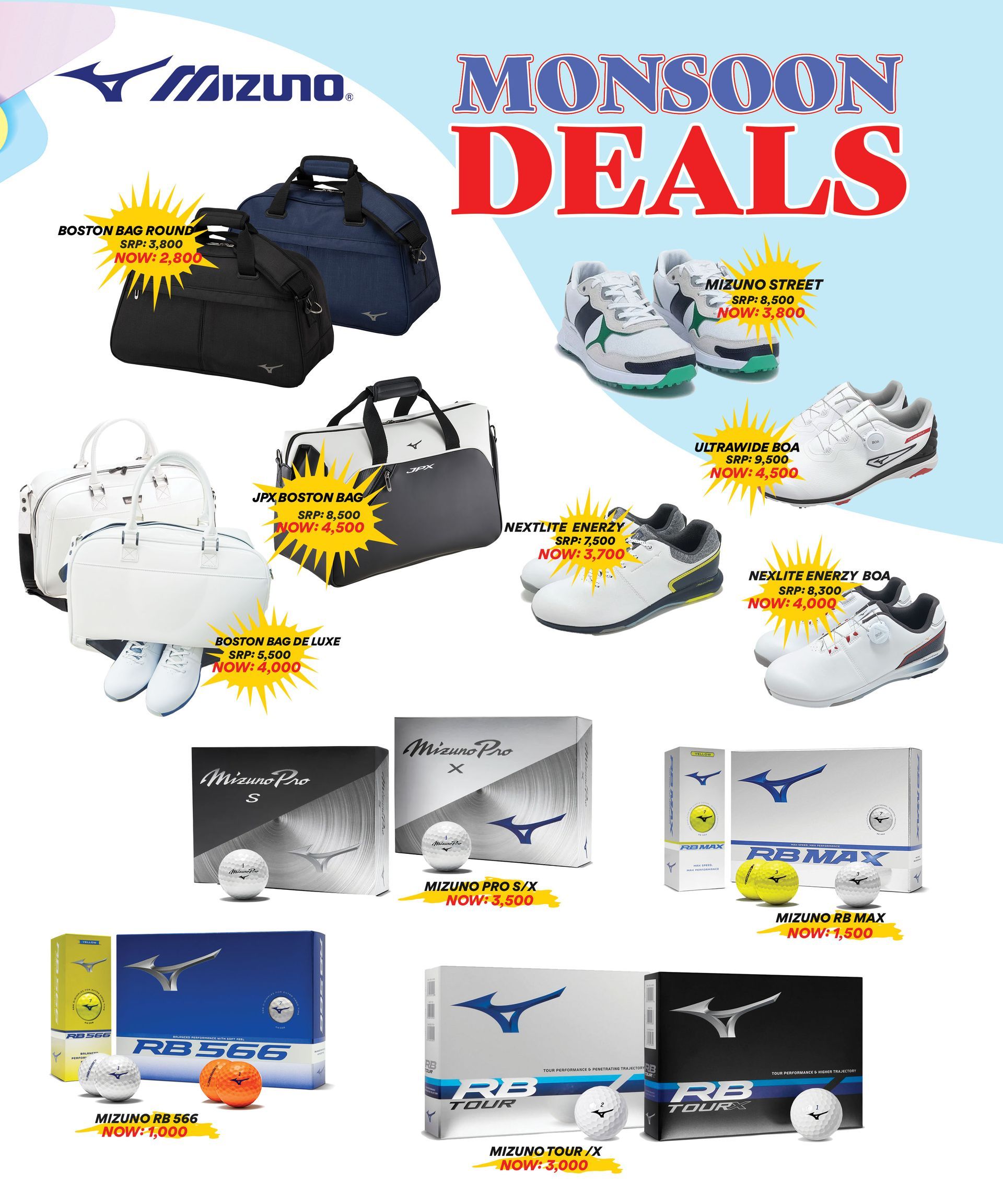 Mizuno monsoon deals ad featuring golf bags, shoes, and balls on a blue background.