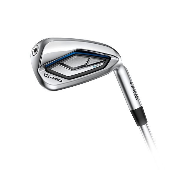 A close up of a golf club on a white background.