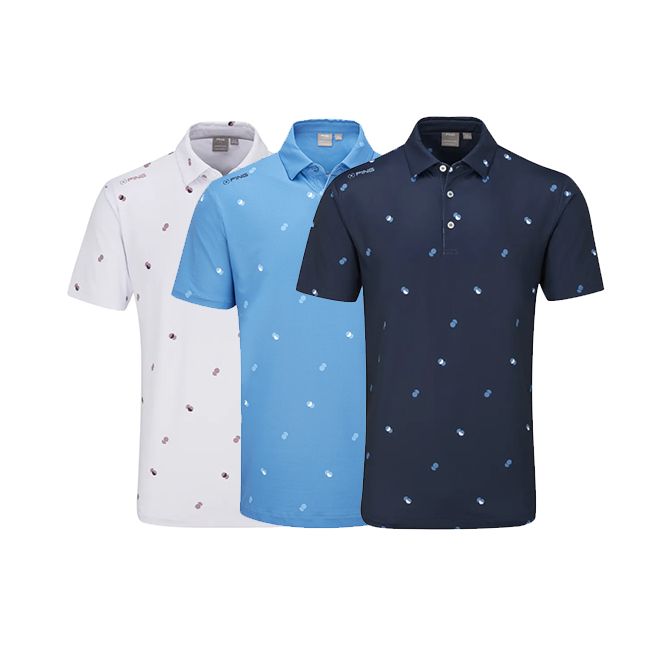 Three polo shirts are lined up on a white background.