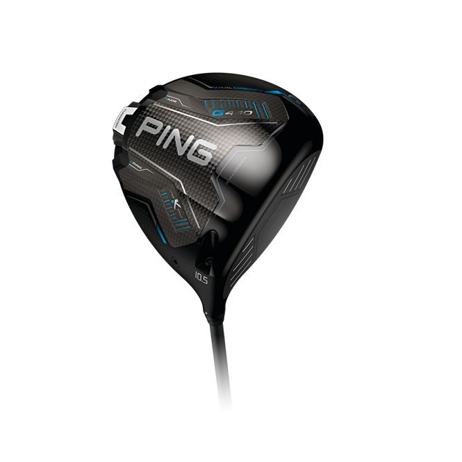 Black PING golf driver with teal accents on a white background
