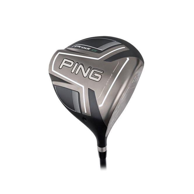A close up of a ping golf club on a white background.