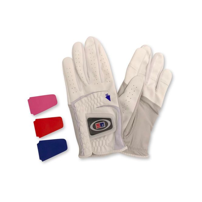 A pair of white golf gloves with a fg logo