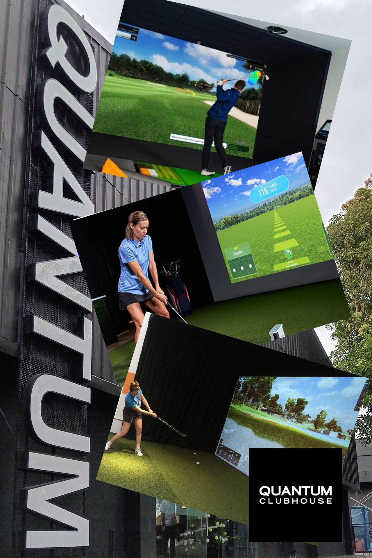 Quantum Clubhouse exterior with golf simulation screens. People swing clubs indoors.