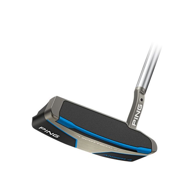 A close up of a ping putter on a white background