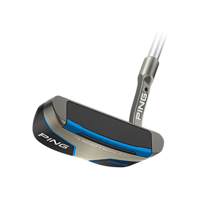 A close up of a ping putter on a white background