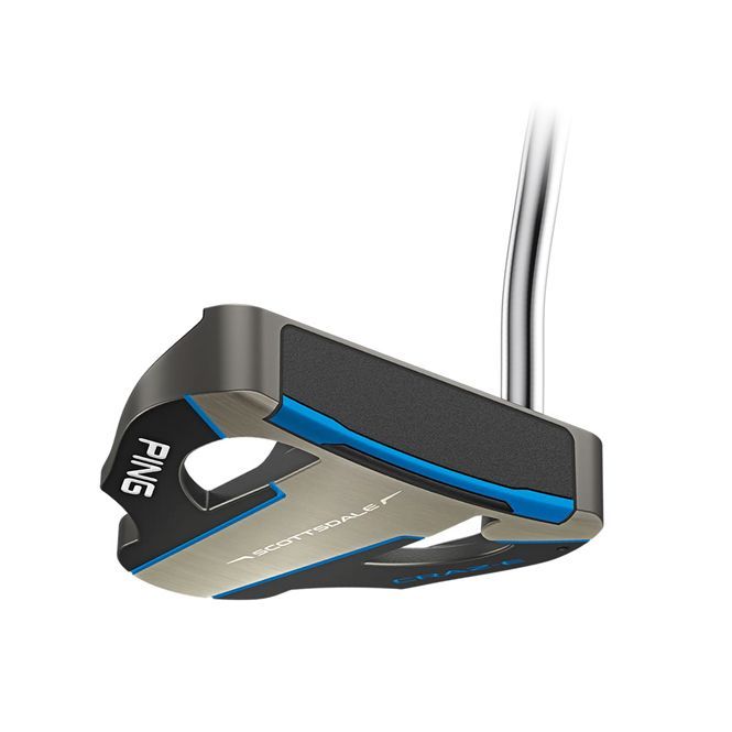 A close up of a ping putter on a white background.
