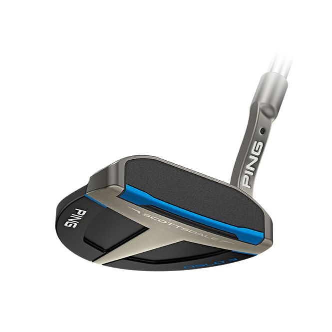 A close up of a ping putter on a white background.