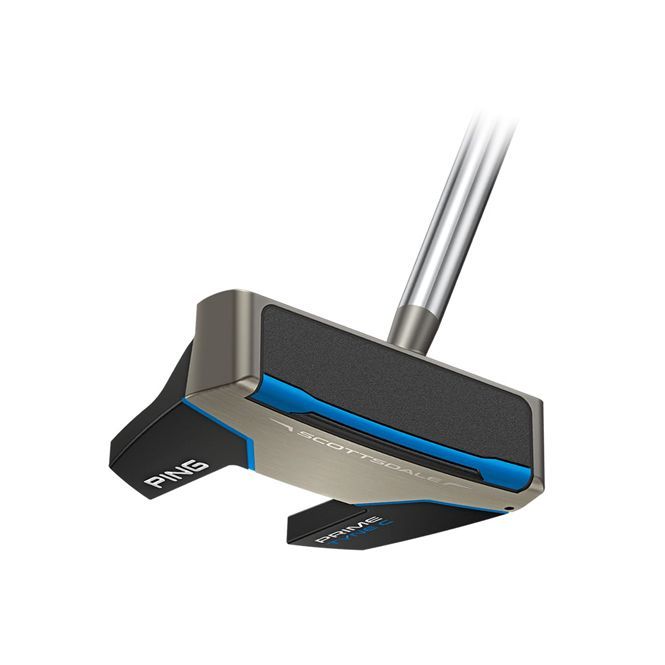 A close up of a putter on a white background.