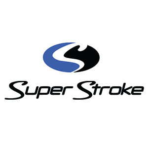 A blue and black logo for super stroke