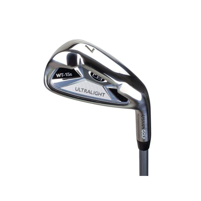 A close up of a golf club on a white background.