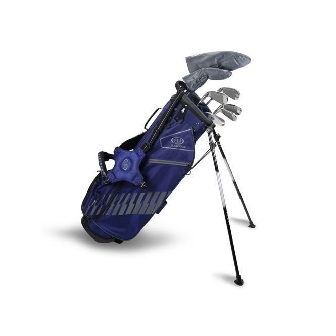 A set of golf clubs in a blue bag on a stand