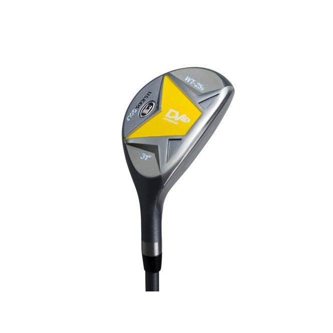 A golf club with a yellow triangle on it