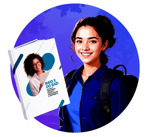 Uma mulher segura um tablet em frente a um livro intitulado raio x do ead