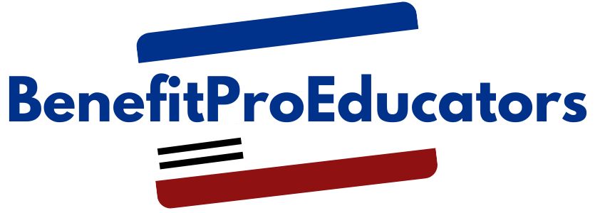 A blue , white and red logo for benefit pro educators