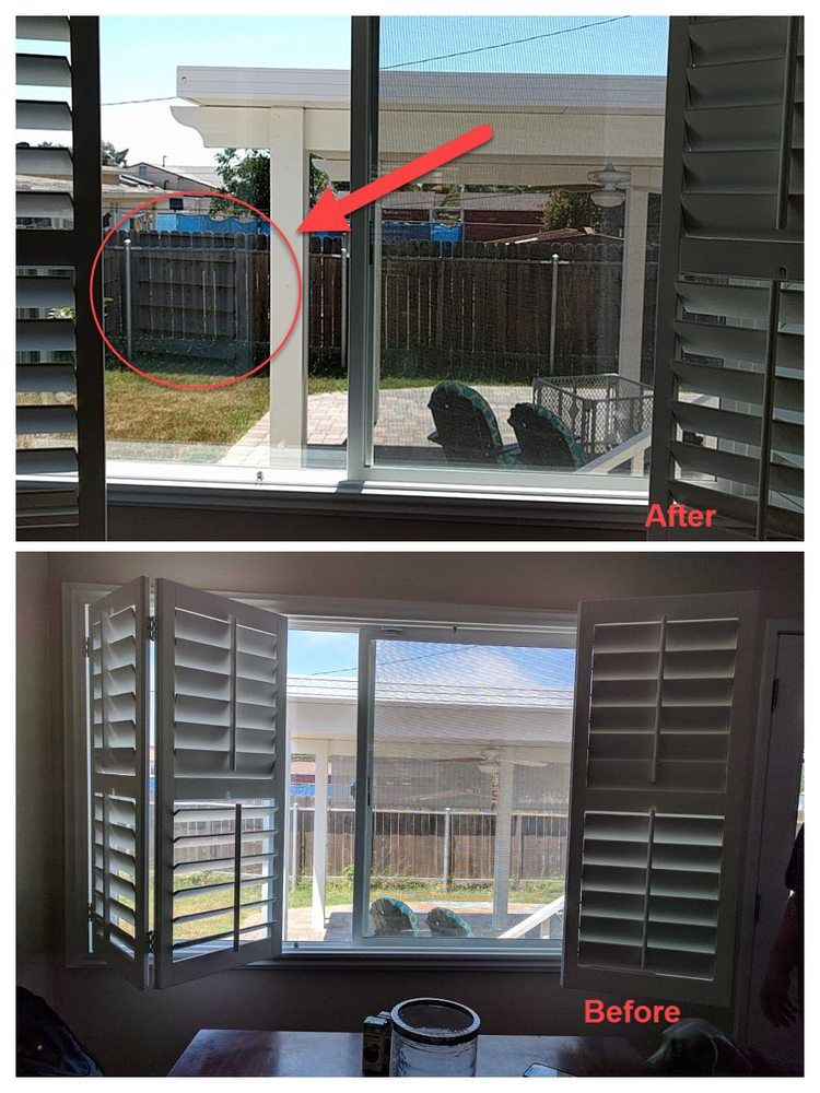 A before and after picture of a window with shutters.