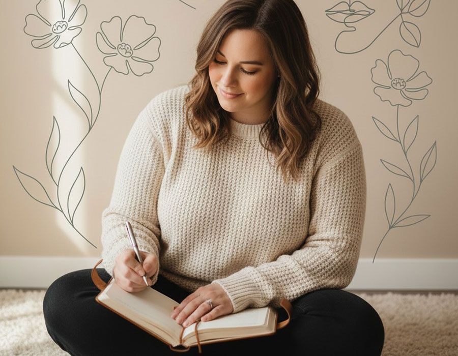Person writing in an open notebook while seated cross-legged against a wall with floral line art