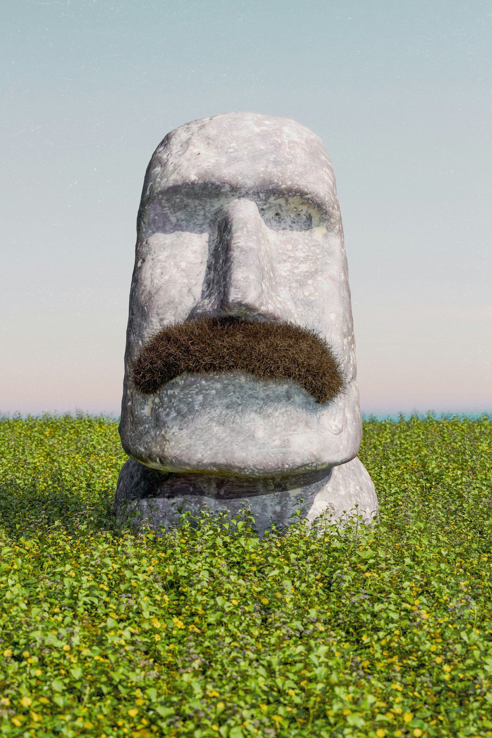 Large stone head sculpture in a grassy field under a pale sky