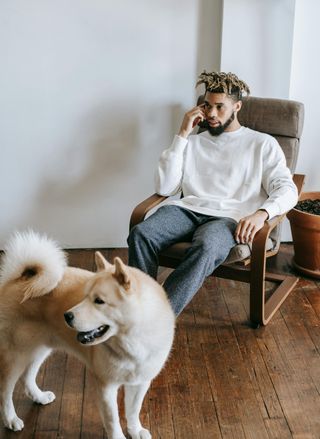 A man is sitting in a chair talking on a cell phone next to a dog.