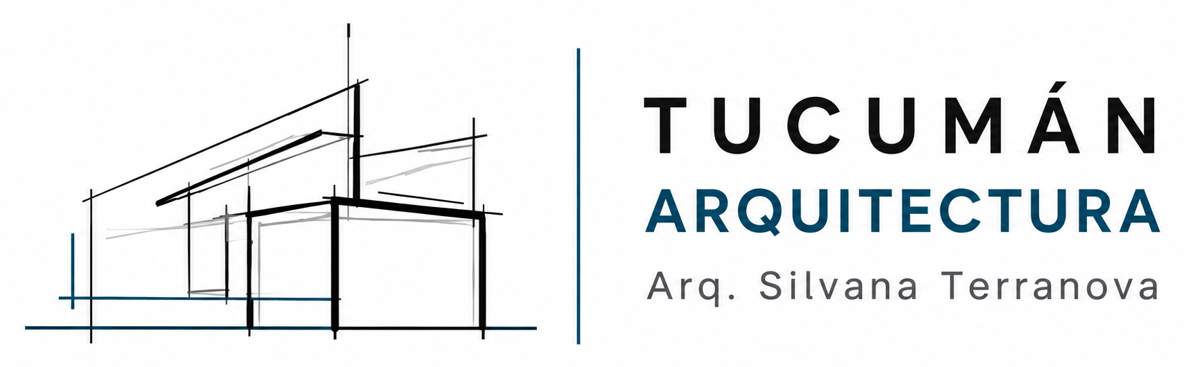 Logotipo de Tucumán Arquitectura con un edificio dibujado a línea y texto negro-azul sobre fondo blanco.