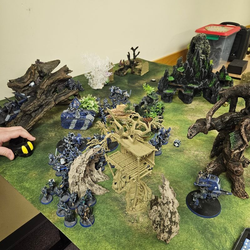 A person is playing a game of miniature figures on a table.