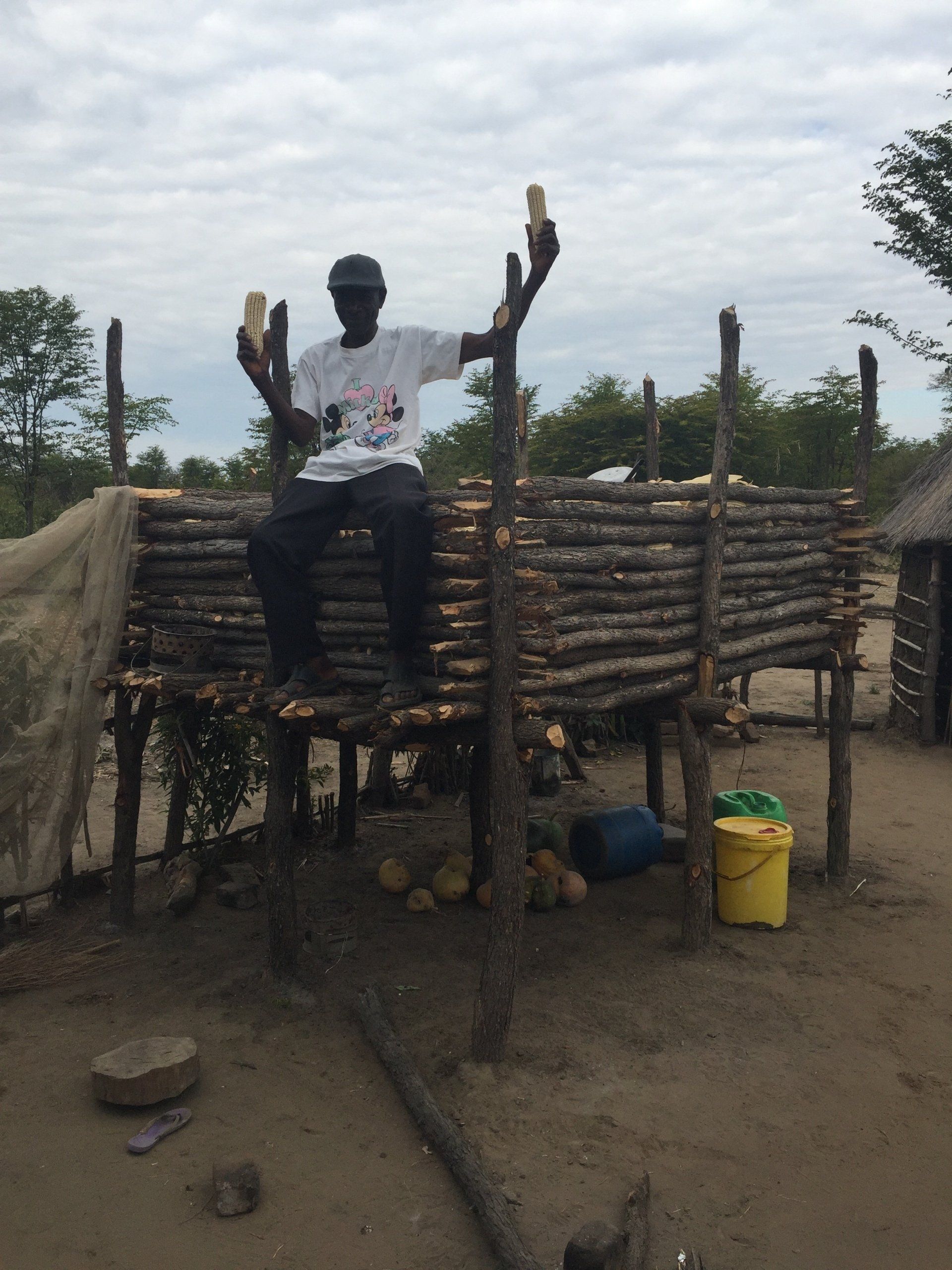 Boy sat on wooden maize store holding up maize