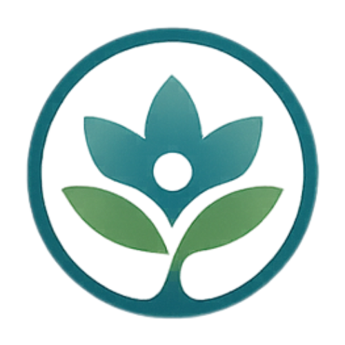 Teal and green floral logo inside a teal circle.
