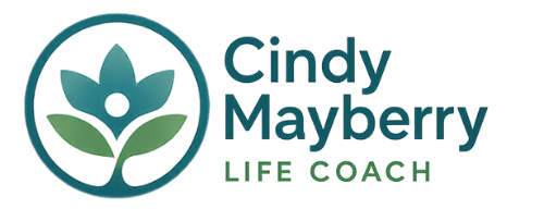 Logo for Cindy Mayberry, Life Coach: teal flower in circle, text is teal.
