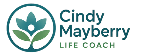 Logo for Cindy Mayberry, Life Coach: teal flower in circle, text is teal.