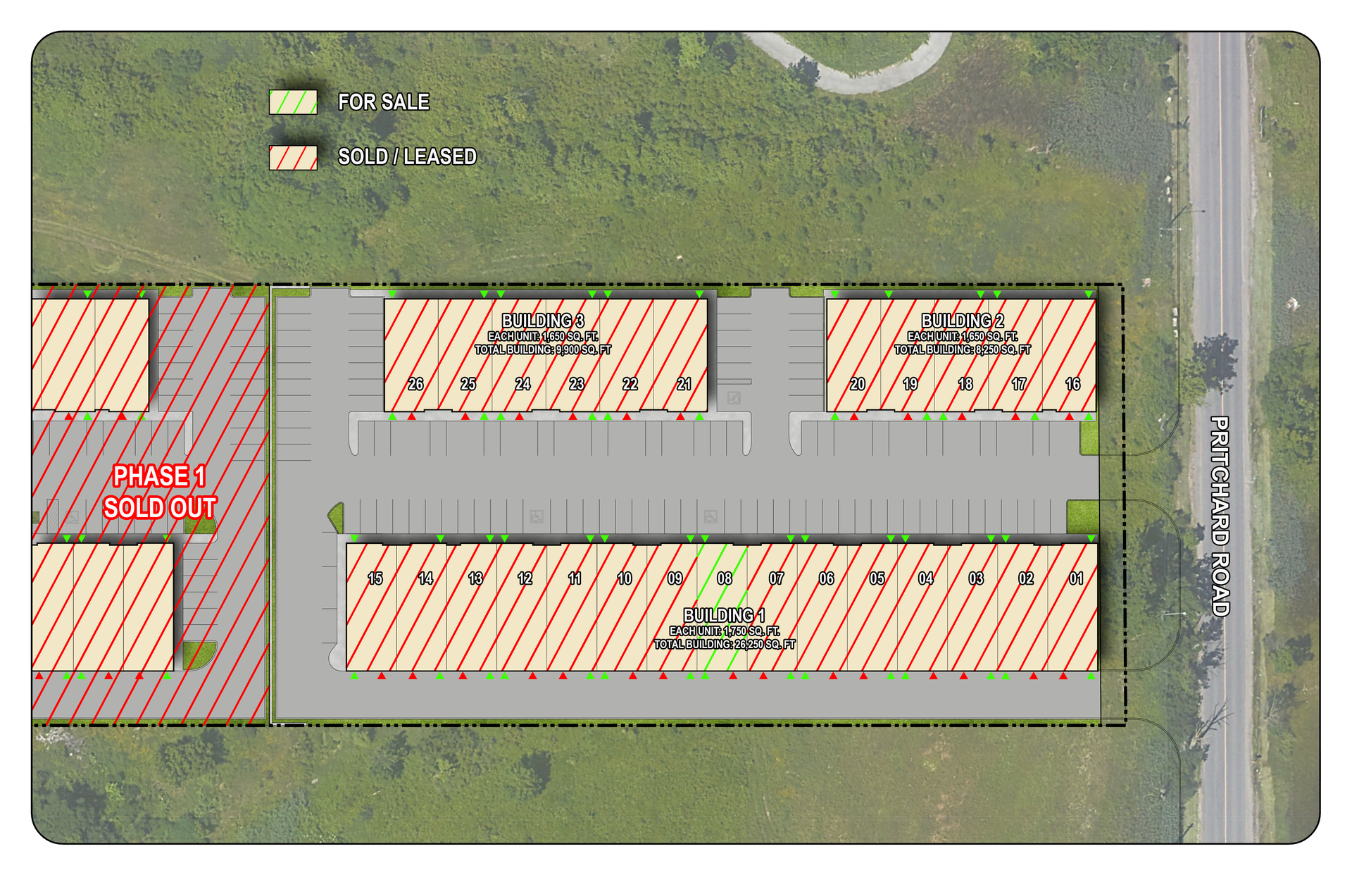 An aerial view of the site plan with each unit colour coded specific to its availability 