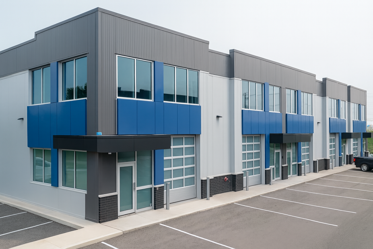 an outside shot of three units with blue panelling 
