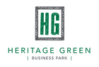 The logo for heritage green business park is green and white.