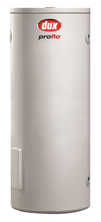 White hot water heater outside, next to a brown wall and black water tank. — 24/7 Hot Water in Valdora, QLD
