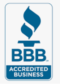 A blue and white bbb accredited business logo