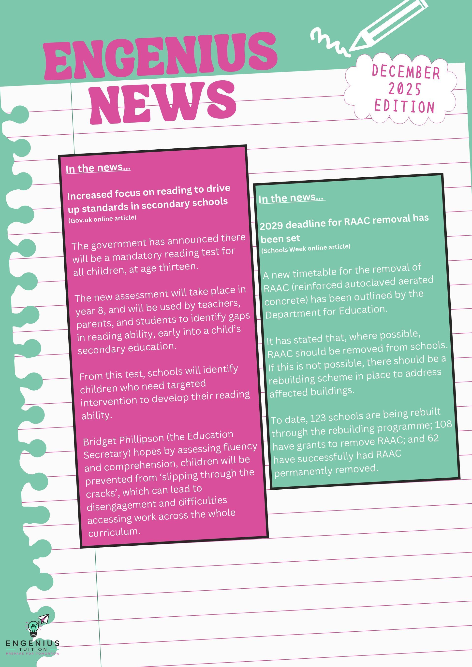 Newsletter with pink and green text boxes titled