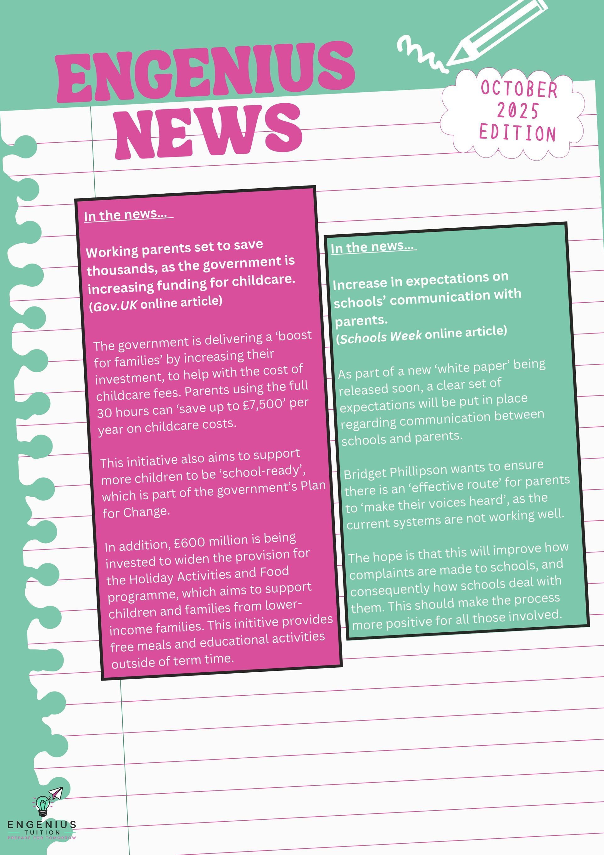 Newsletter with pink and green text boxes titled 
