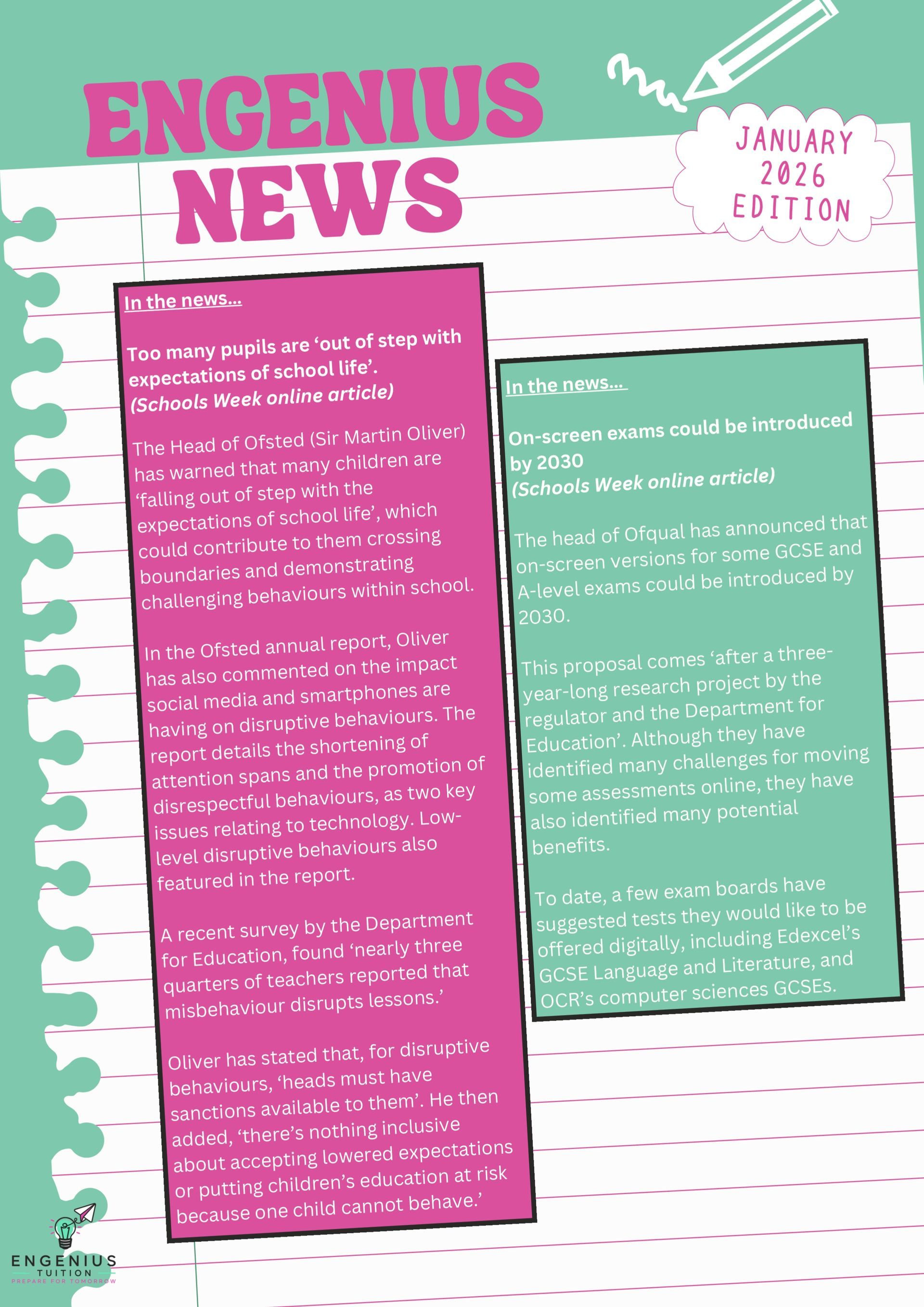 Newsletter with pink and green text boxes titled 
