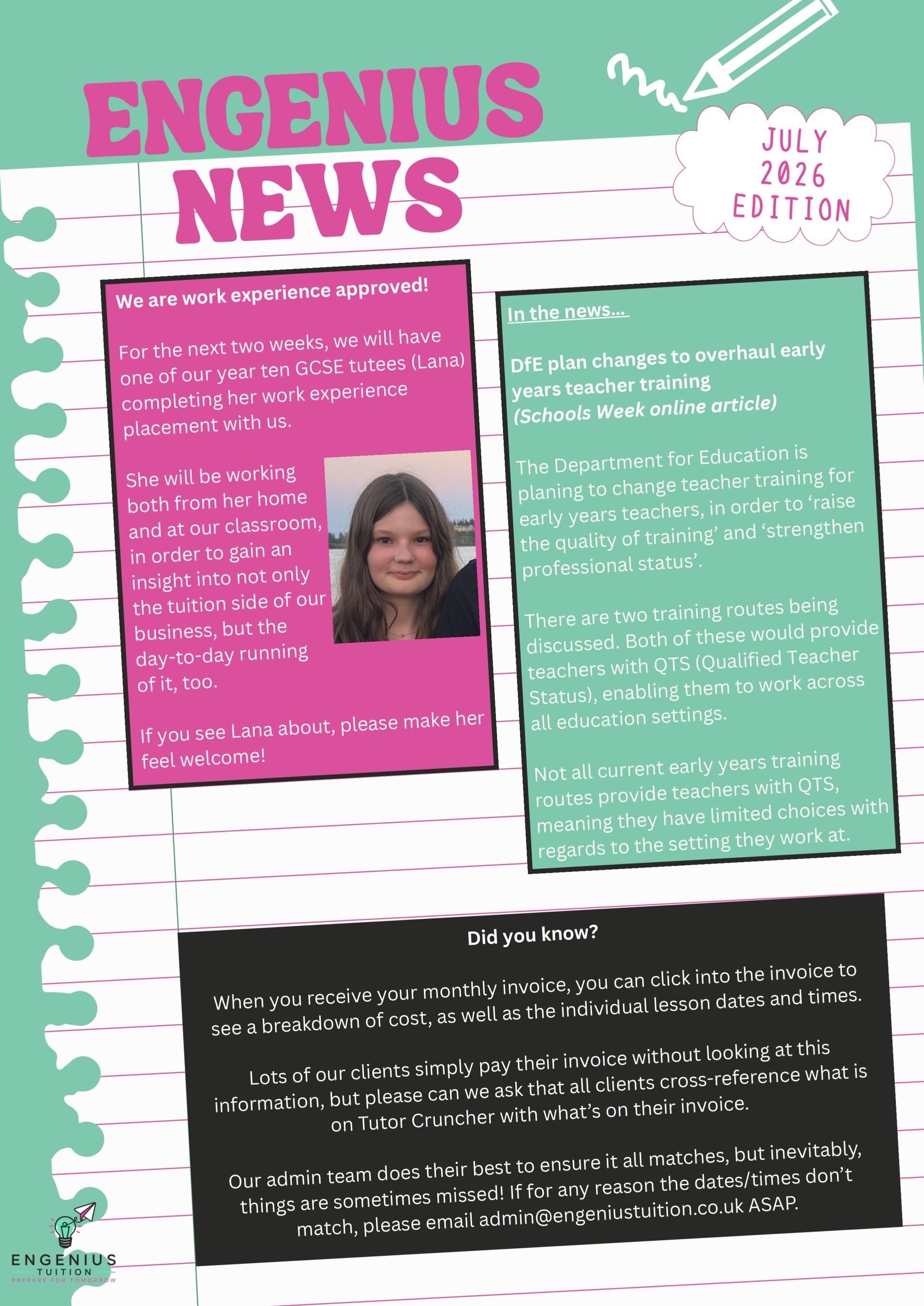 Pink “ENGENIUS NEWS” newsletter page with green and black text boxes and a small portrait photo.
