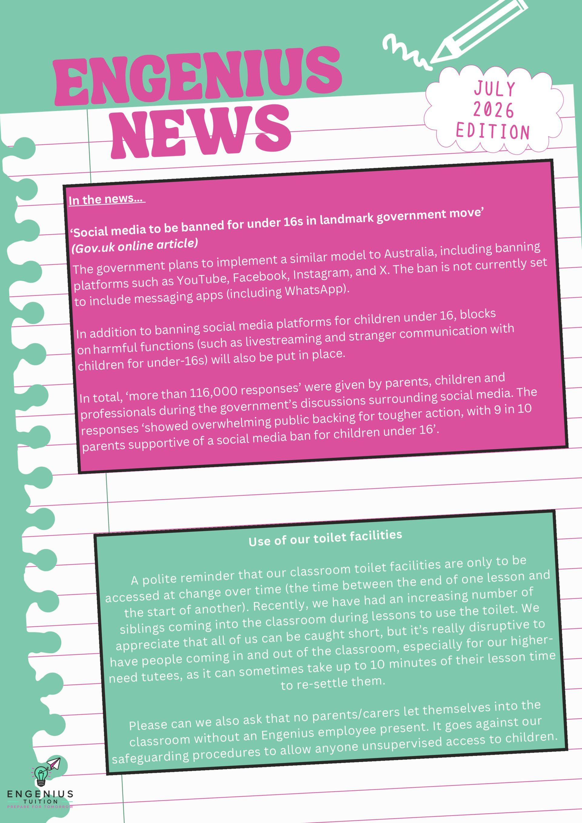 Pink and green “Engenius News” newsletter page with handwritten text and 2025 edition note
