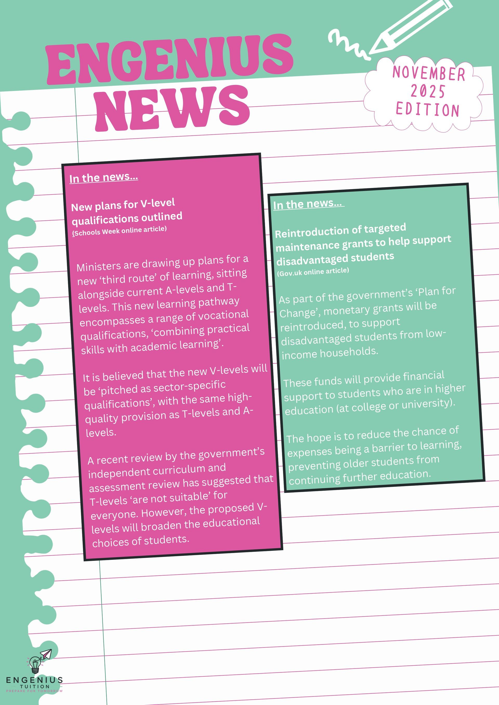 Newsletter with pink and green text boxes titled 