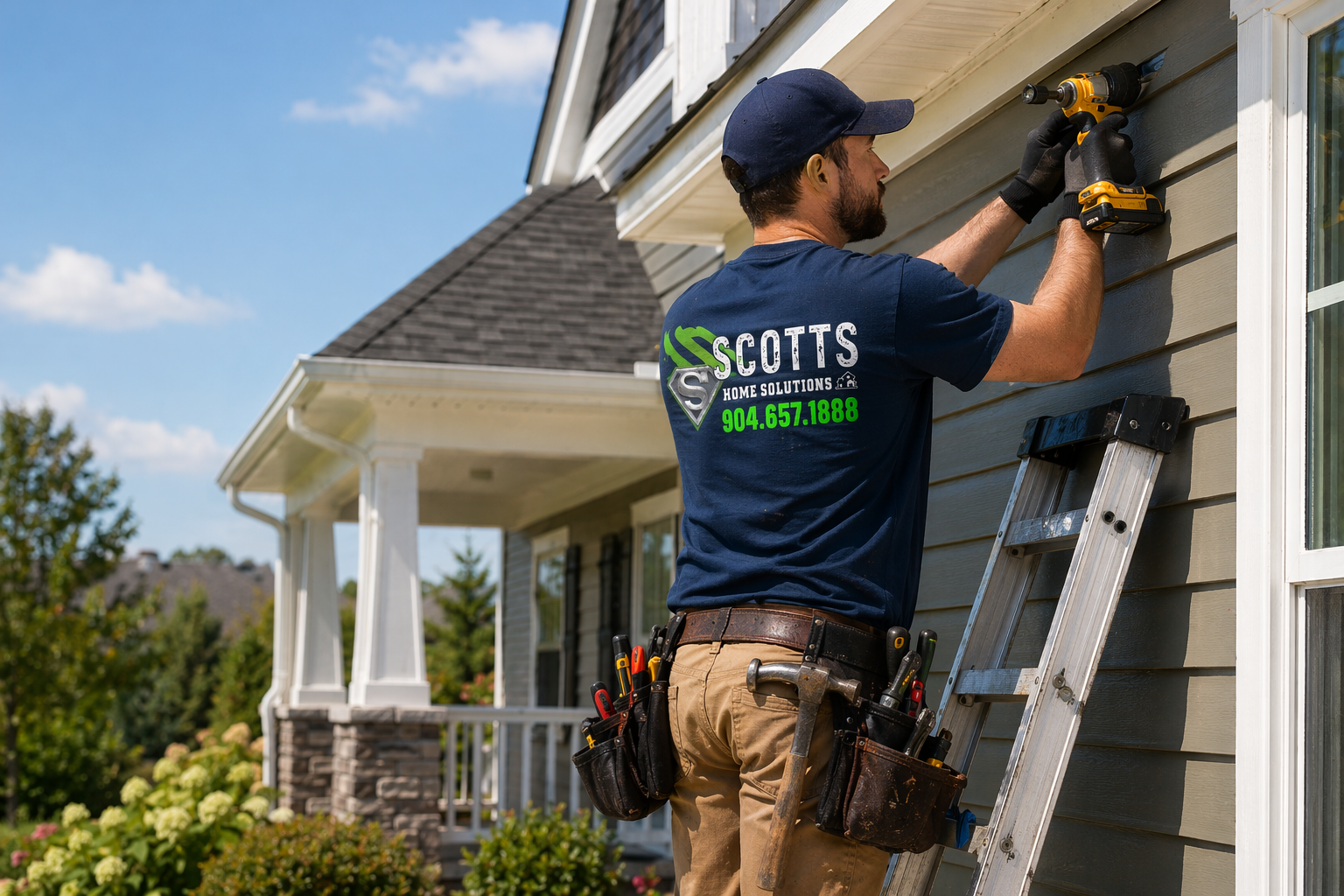A construction worker in a white hard hat stands on a ladder, inspecting the top of a doorway in an unfinished room.