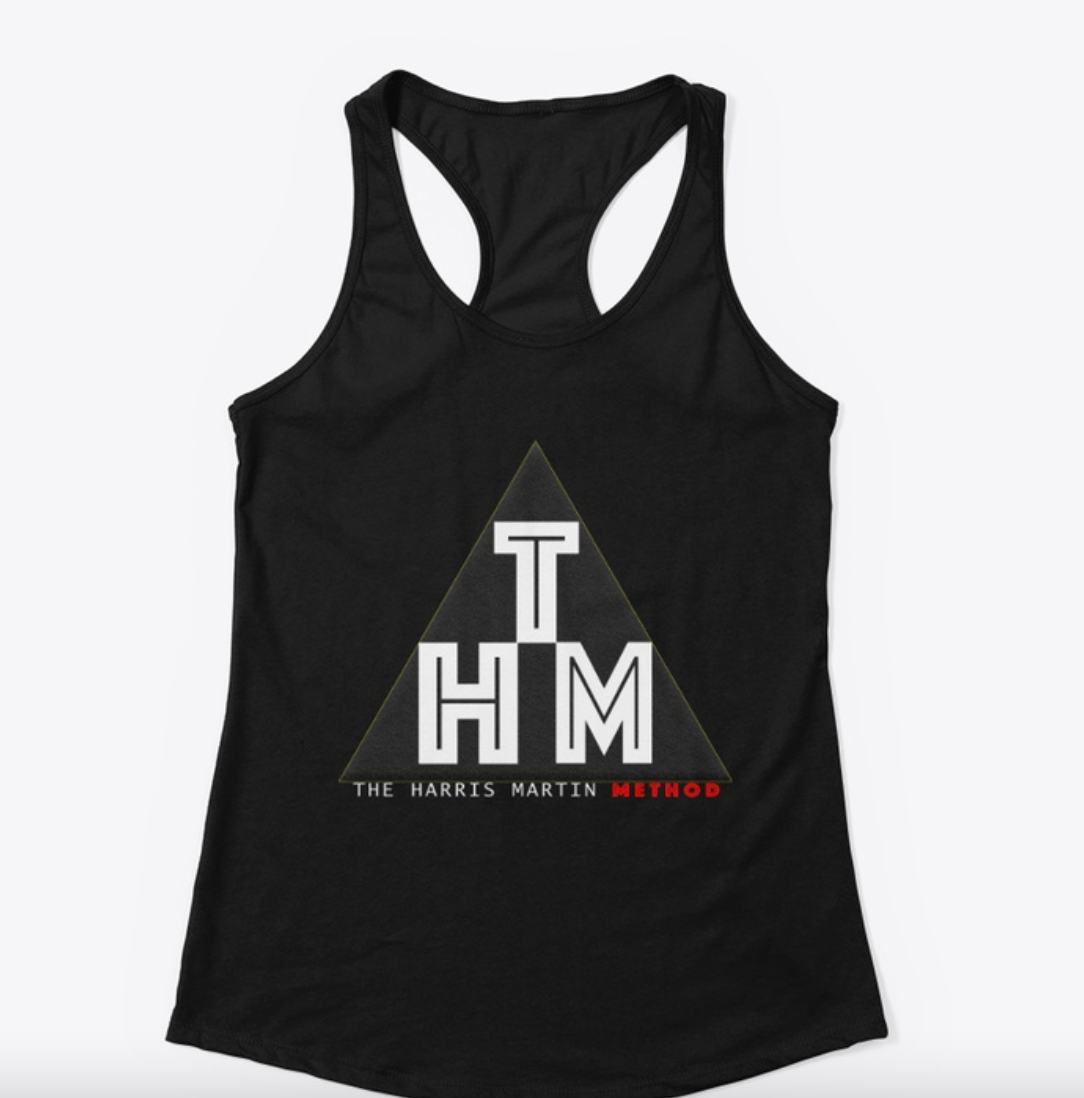 A black tank top that says t hm on it