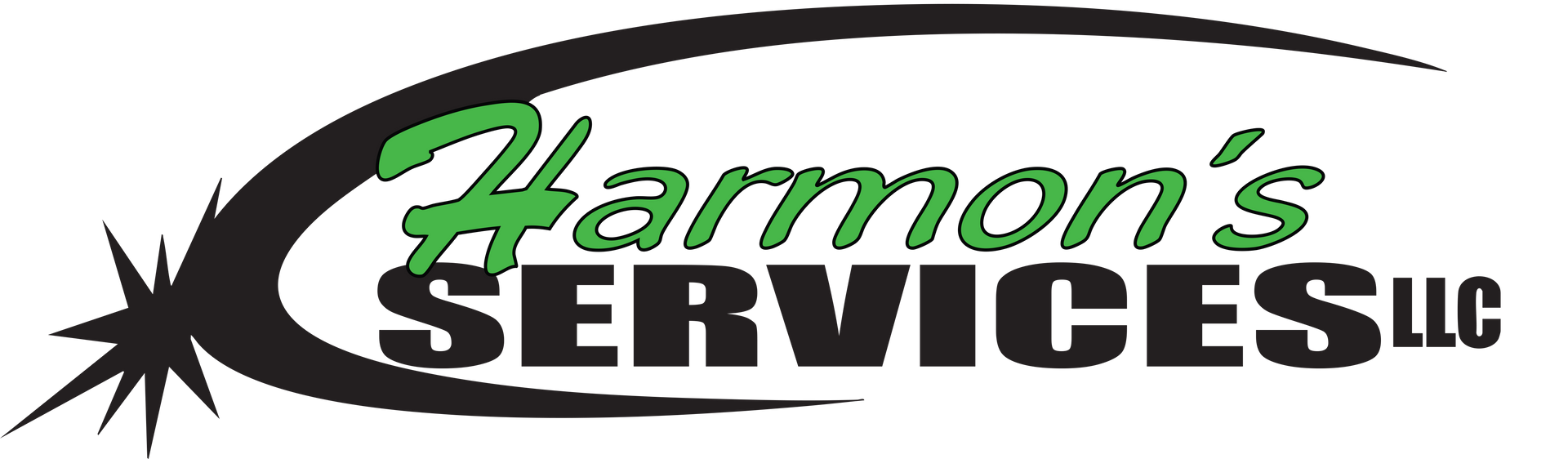 The logo for Harmon’s SERVICES LLC, featuring the name in black and green text inside a black graphic starburst design.