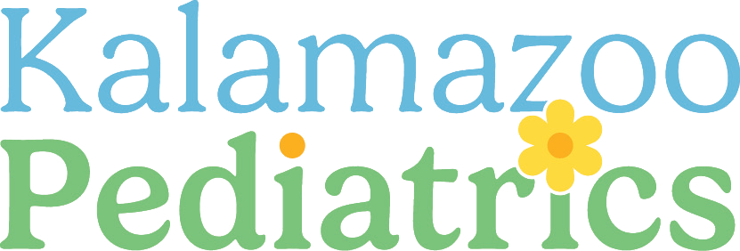 Kalamazoo Pediatrics logo: blue "Kalamazoo" over green "Pediatrics" with a yellow flower.