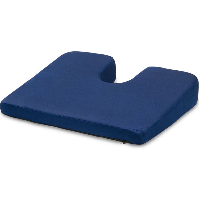 Blue coccyx cushion for seat, with a u-shaped cutout.