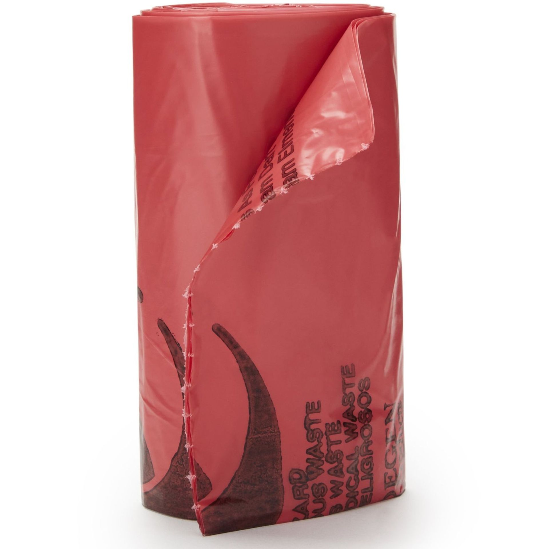 Roll of red biohazard waste bags, with text and curved design, partially unrolled.